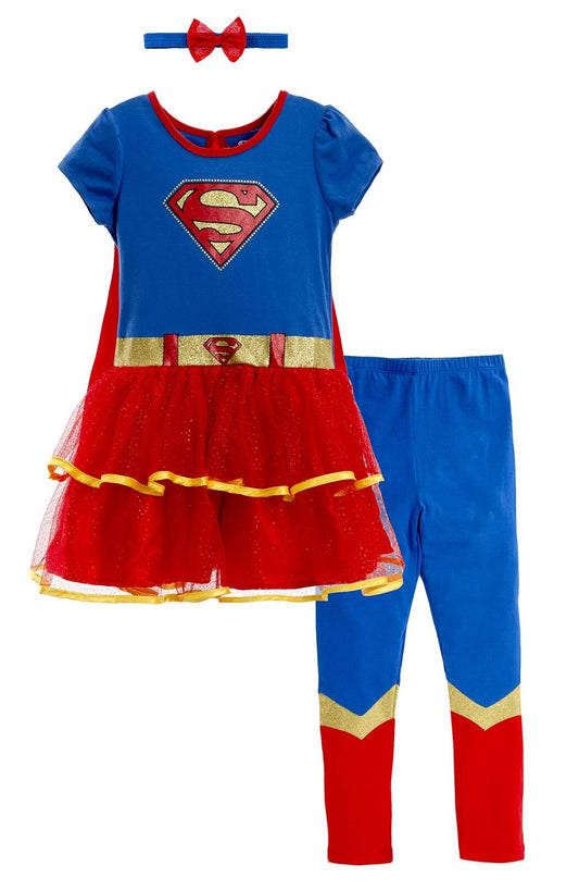 WARNER BROS Justice League Supergirl Newborn Baby Girls Costume Dress Leggings Cape and Headband 4 Piece Set 0-6 Months