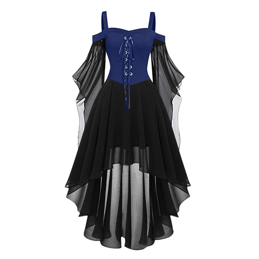 Women Witch Dress Renaissance Medieval Vampire Costume Halloween Cosplay Butterfly Sleeve Mesh Gothic Dress