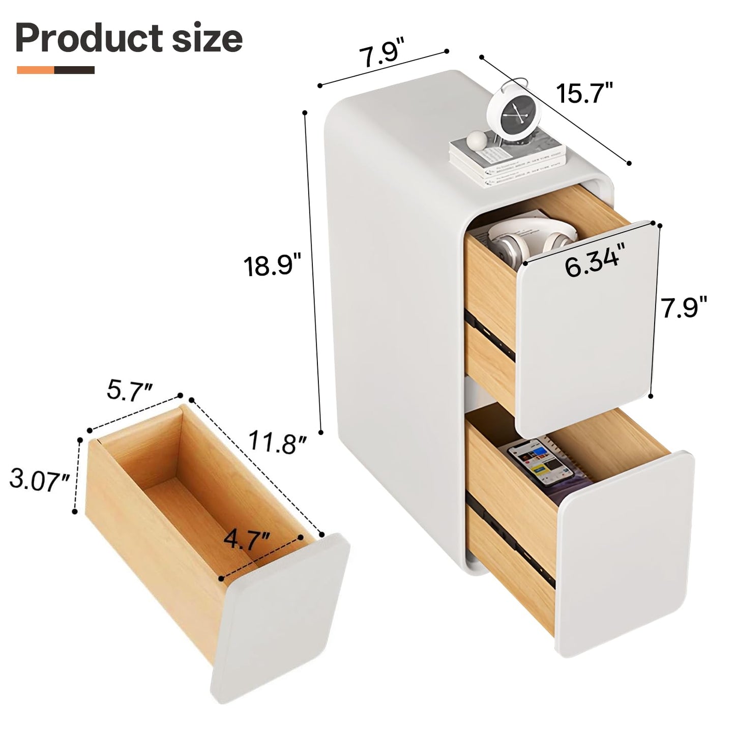 VVNO LIKK Narrow Nightstand, Solid Wood Night Stand for Small Spaces, Modern Cream Nightstand with 2 Storage Drawers, Slim Bedside Table for Bedroom Living Room (1pack)