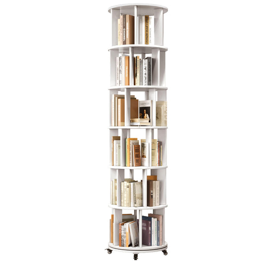 6 Tier Rotating Bookshelf Tower Spinning Bookshelf with Swivel Wheels Book Shelf Rotating Storage Tower for Kids Adult Narrow Walnut Solid Wood Revolving Bookcase Organizer for Bedroom Living Room