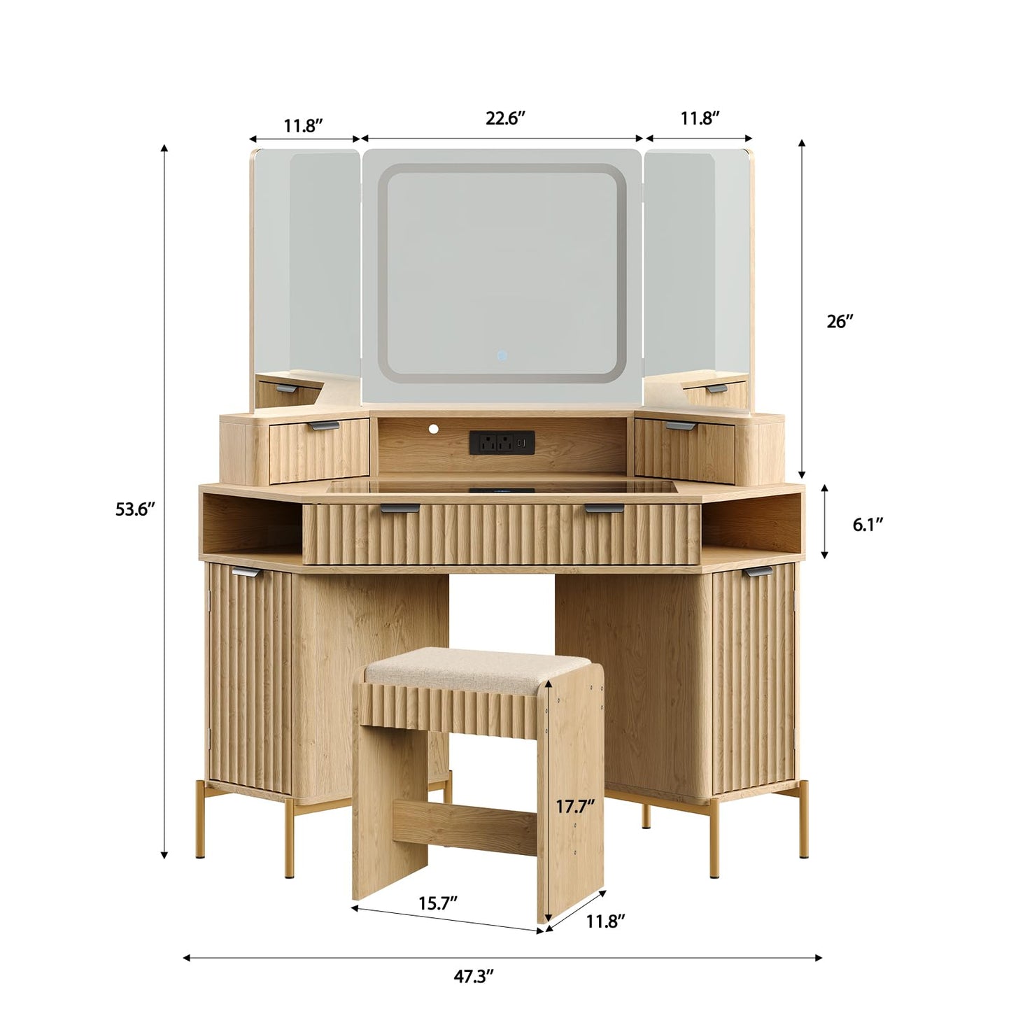 48'' Modern Vanity Desk with HD Triple Mirror & Lights,Large Corner Vanity Table with Glass Top, Charging Station,1Multifunctional Drawers & 2 Small Drawers, Dressing Table Set with 2 Cabinets, Oak