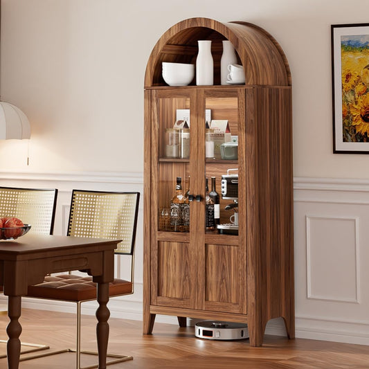 71" Tall Arched Kitchen Pantry Cabinet, Arched Cabinet with Glass Doors, Wooden Bookshelf, Versatile Cupboard for Kitchen, Living Room, Dining Room, Entryway