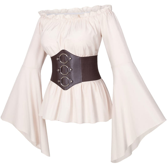 Womens Renaissance Victorian Peasant Ruffle Smocked Waist Boho Pirate Shirt Blouse with Belt Set(Beige L)