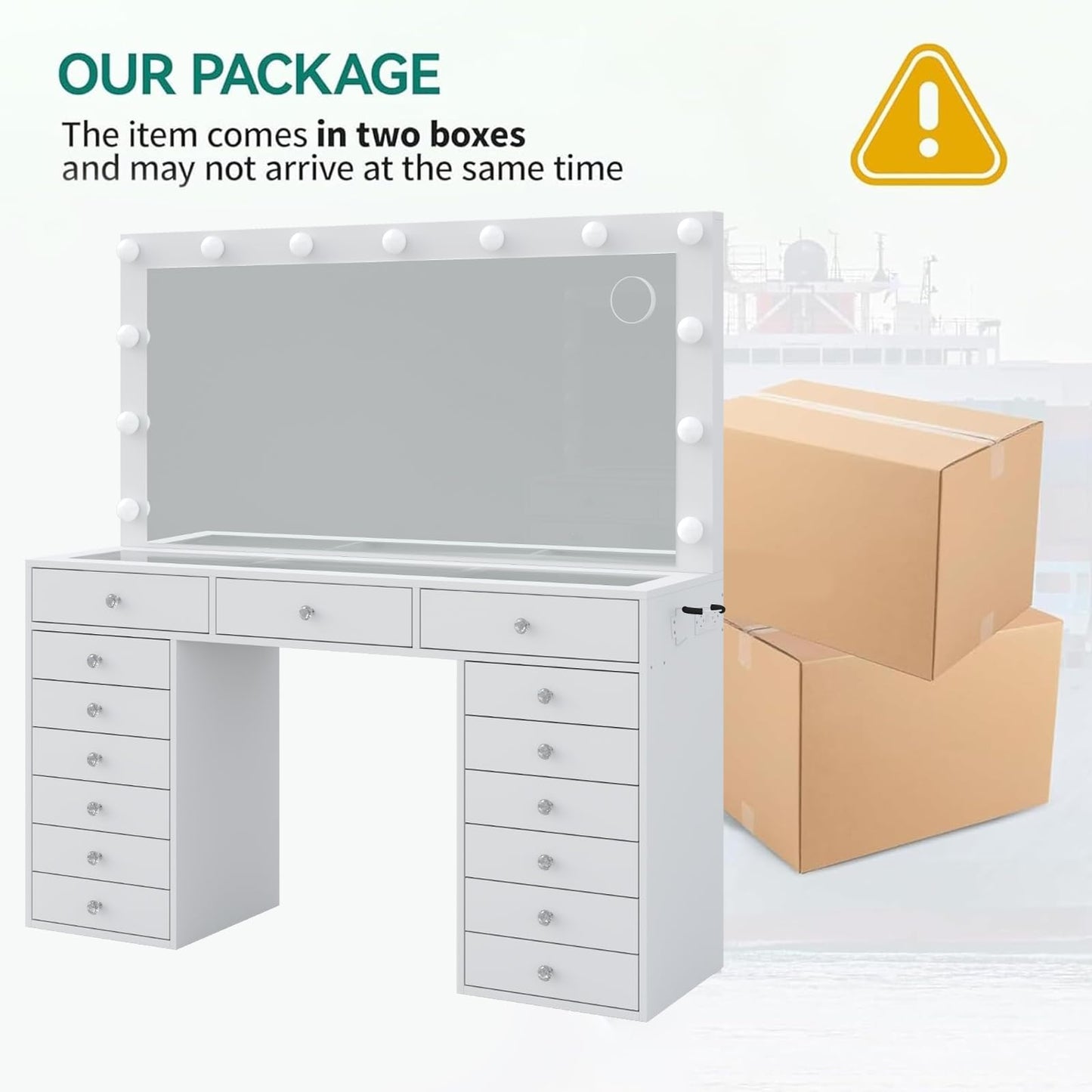 Yanosaku 55" W Vanity Desk, Makeup Vanity with Charging Station, 15 Drawers with Lighted Mirror, 3 Lighting Modes, Brightness Adjustable, Glass Top, Vanity Table with Chair for Bedroom, White