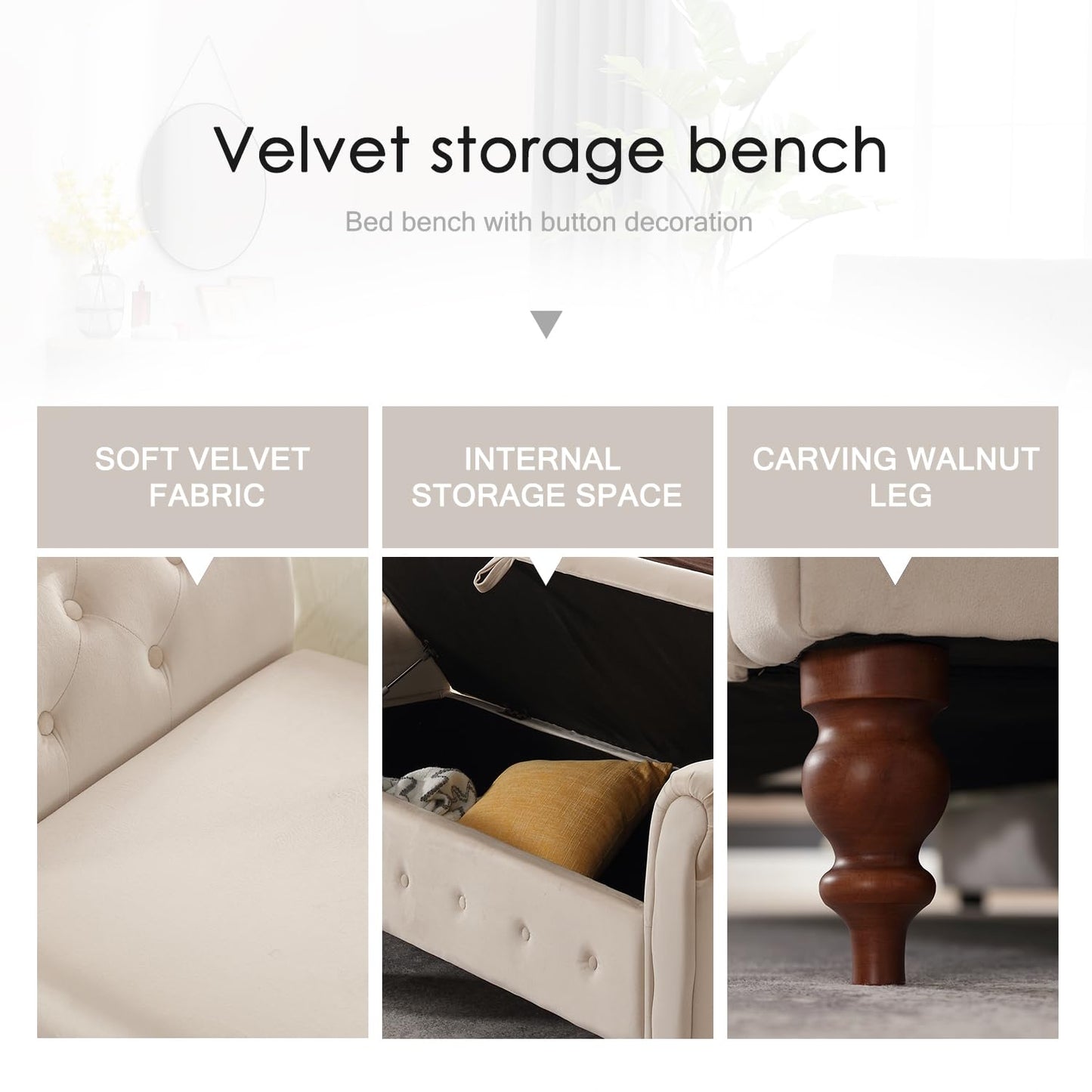 Virabit 63'' Storage Ottoman Bench for Bedroom, End of Bed Bench with Arms, Velvet Storage Bench with Button for Entryway, Living Room,Hallway, Large Organizer Bench Foot Rest (Beige)