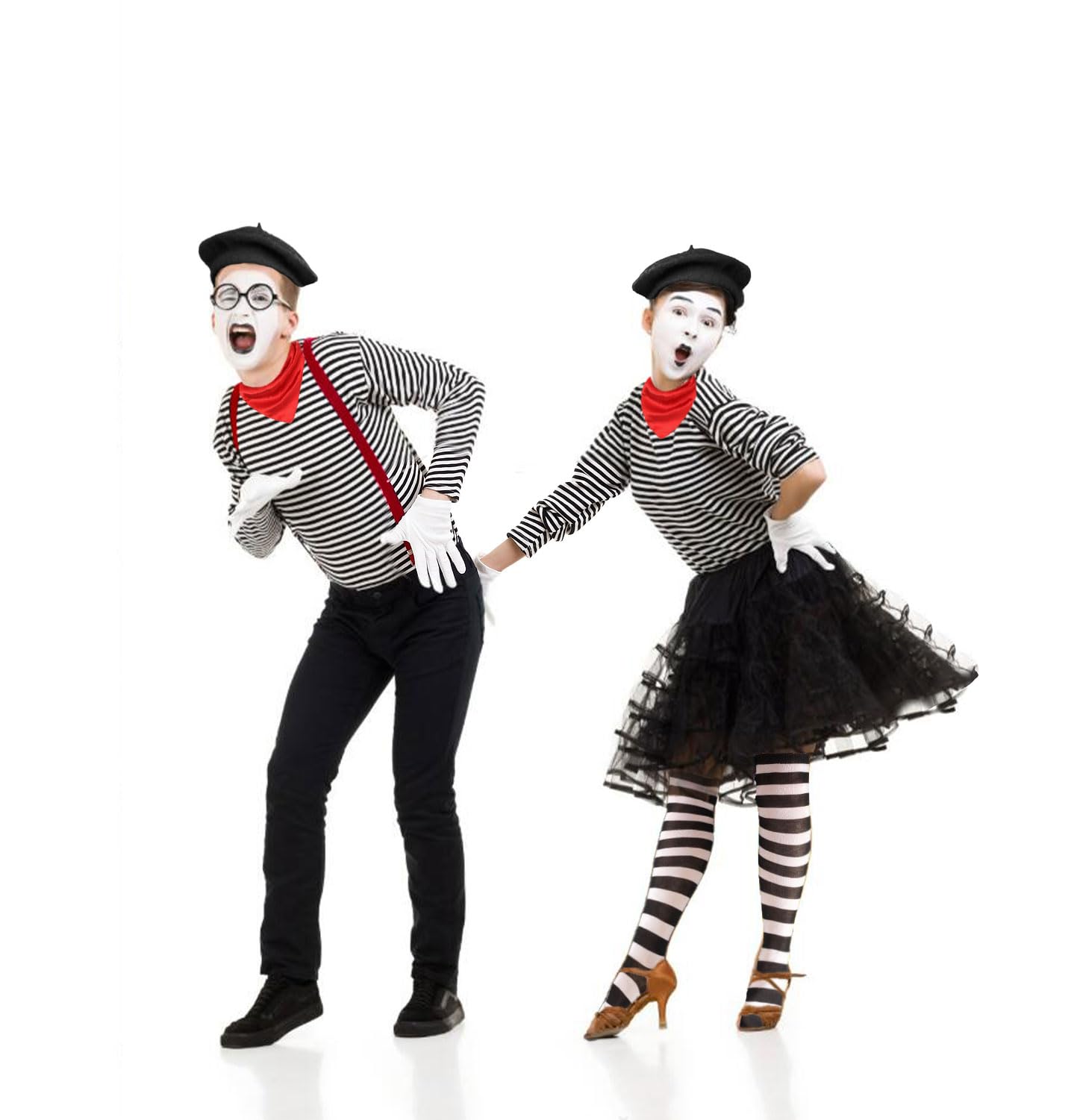 5 Pcs Mime Artist Costume Accessories Set Women French Mime Cosplay Outfit Includes Black Beret Red Suspender Scarf White Gloves and Black White Stripe Socks for Halloween Theme Party Dress up Decor