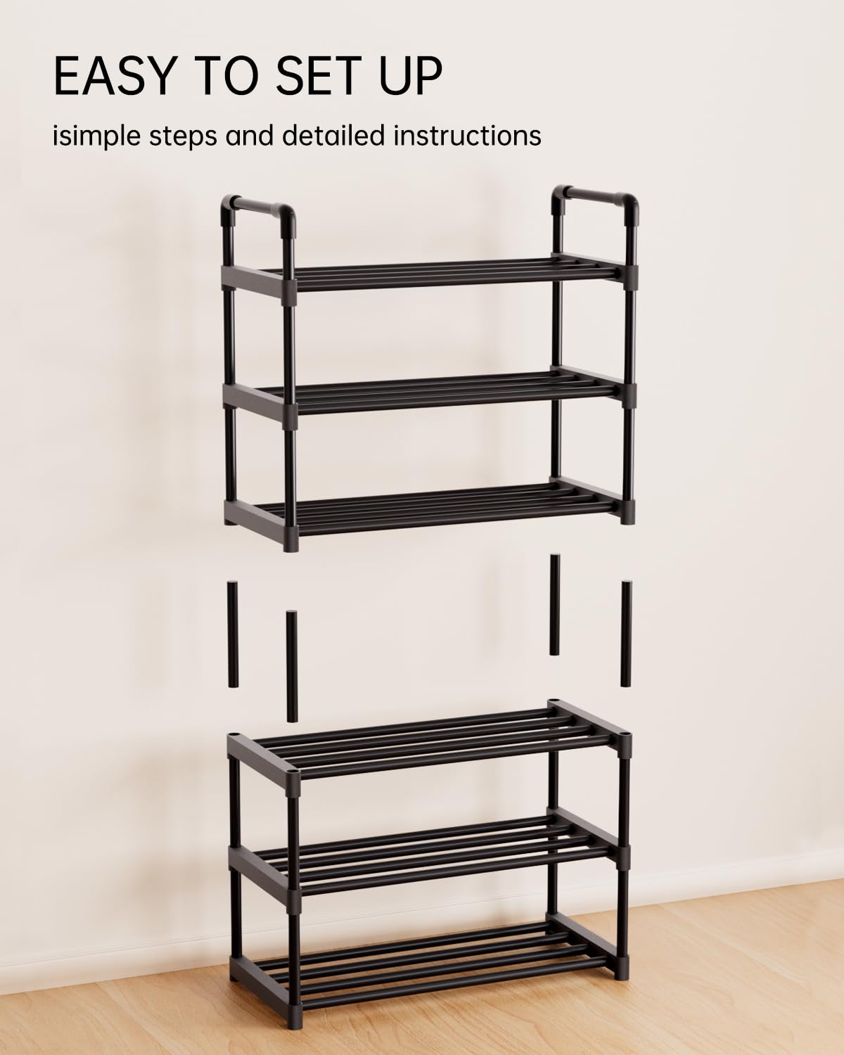 AAJZ Shoe Rack,Tall Large Capacity,Shoe Organizer, Metal Storage Shelf, for 12-15 Pairs, for Entryway,Closet, Bedroom Black (4 Tiers)