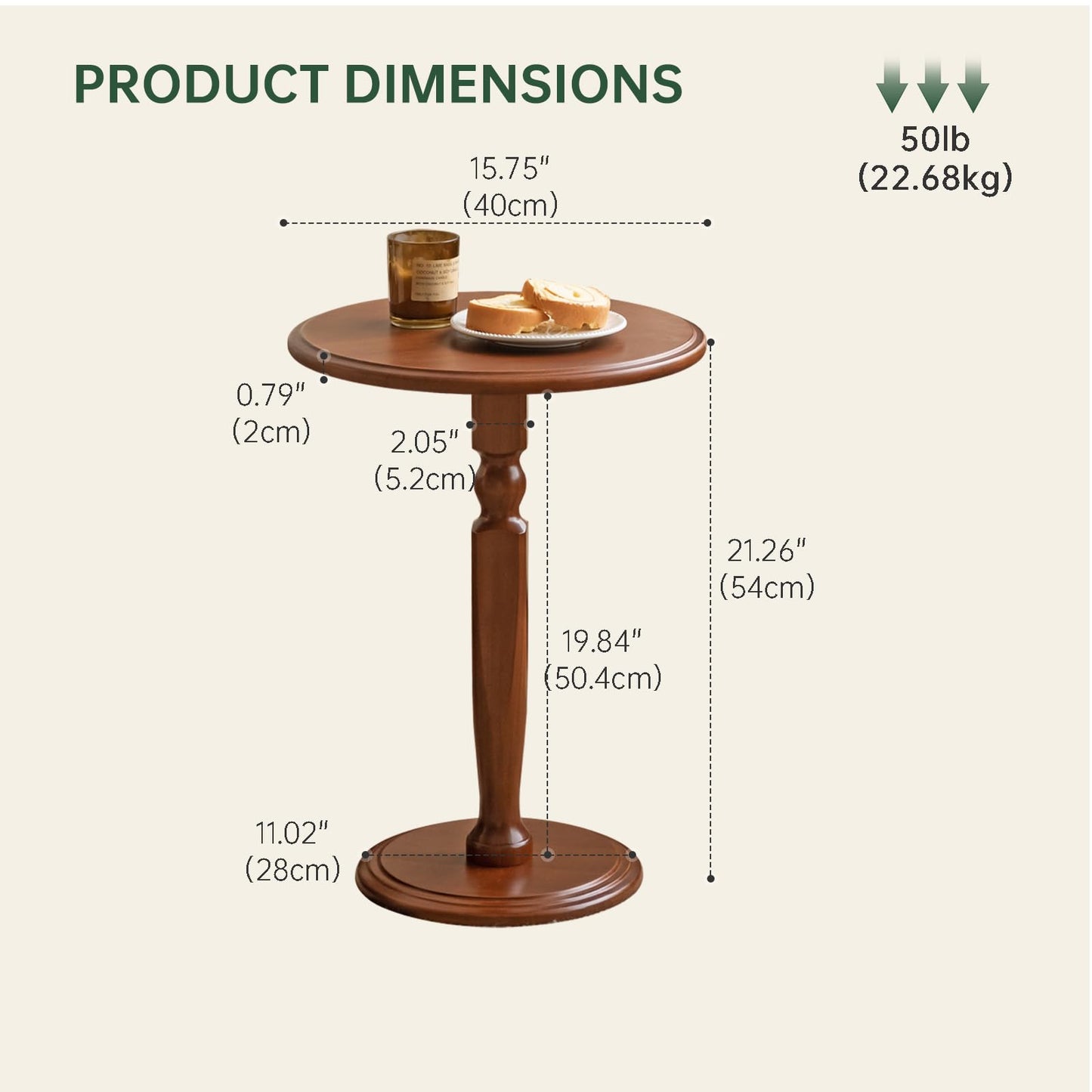 Wayshome Solid Wood Round Side Table, Small Drink Table for Small Places, Accent Table with Stable Pedestal for Living Room, Bedroom, Corners, and Nursery (Brown, 15.75" D x 15.75" W x 21.26" H)