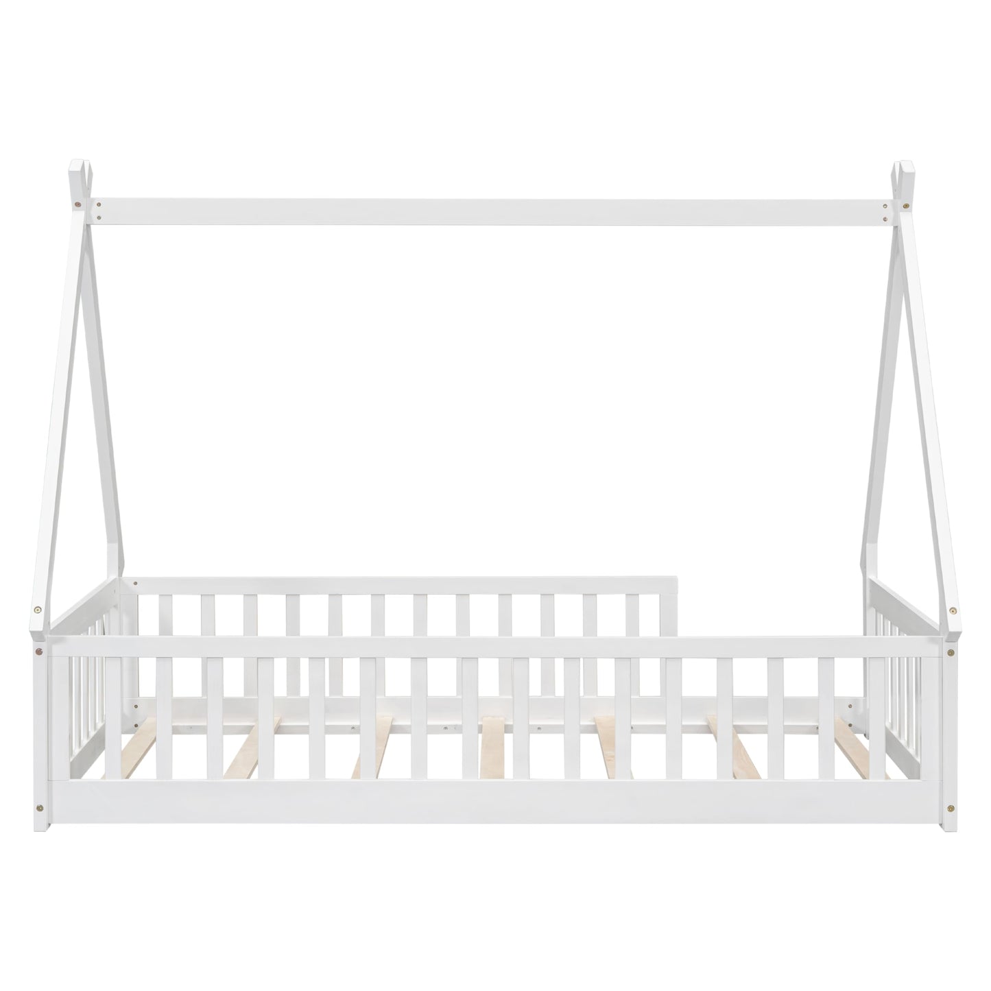Wekuku Twin Tent Shaped Floor Bed for Kids – Teepee with Guardrails Slats, White Wooden Playhouse Bed for Bedroom, Montessori Inspired Design