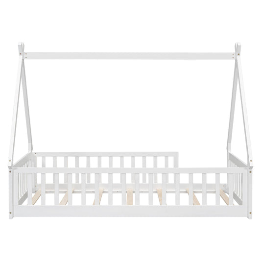 Wekuku Twin Tent Shaped Floor Bed for Kids – Teepee with Guardrails Slats, White Wooden Playhouse Bed for Bedroom, Montessori Inspired Design