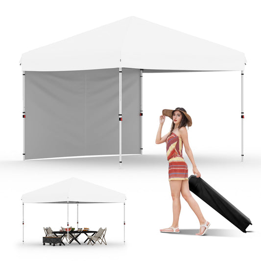 10x10 Pop Up Canopy with One Button Push Setup - Heavy Duty Outdoor Canopy Tent with Portable Roller Bag - 3 Adjustable Height, 4 Weight Bags, 8 Stakes & 4 Guy Ropes Included (White)