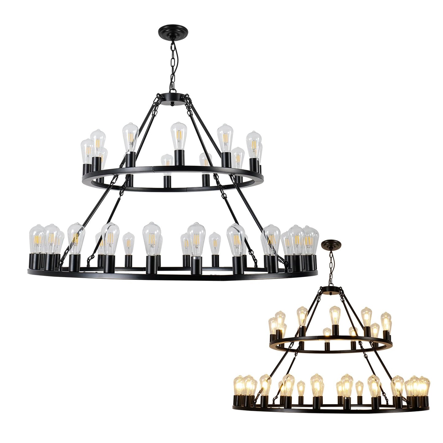 WOGON WEEL Wagon Wheel Chandelier 2 Tier 48-Inch 36-Light, Farmhouse Industrial Chandelier Black Rustic Pendant Light Fixture Extra Large for High Ceilings, Living Room Foyer