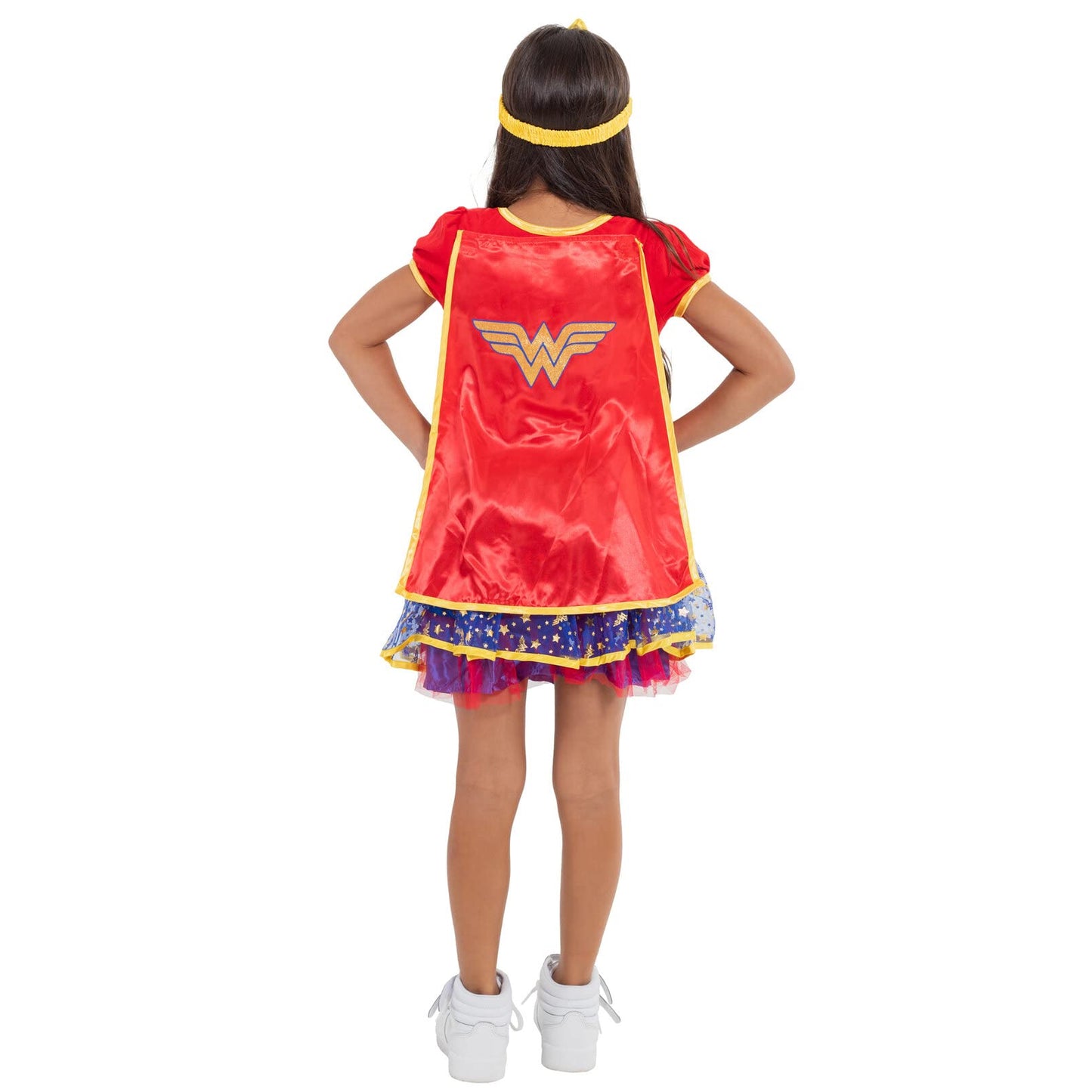 Wonder Woman Toddler Girls' Costume Dress with Gold Tiara Headband and Cape, Red (5T)