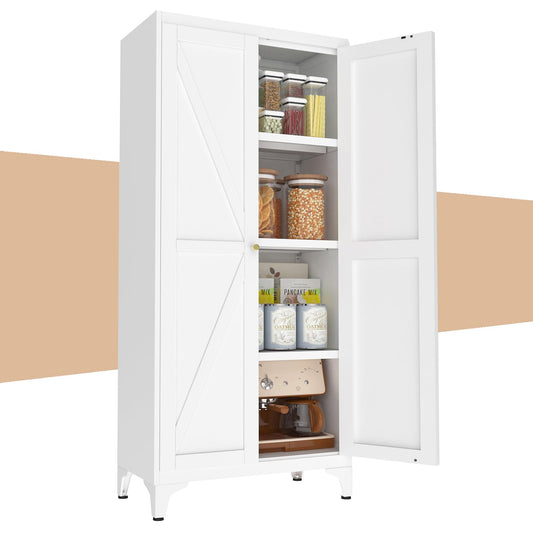 65" Tall Kitchen Cabinet,Food Pantry Cabinets with Doors and Adjustable Shelves,White Metal Storage Cabinets,Large and Portable Arganization Cabinet for Pantries Kitchen Living Room Bathroom