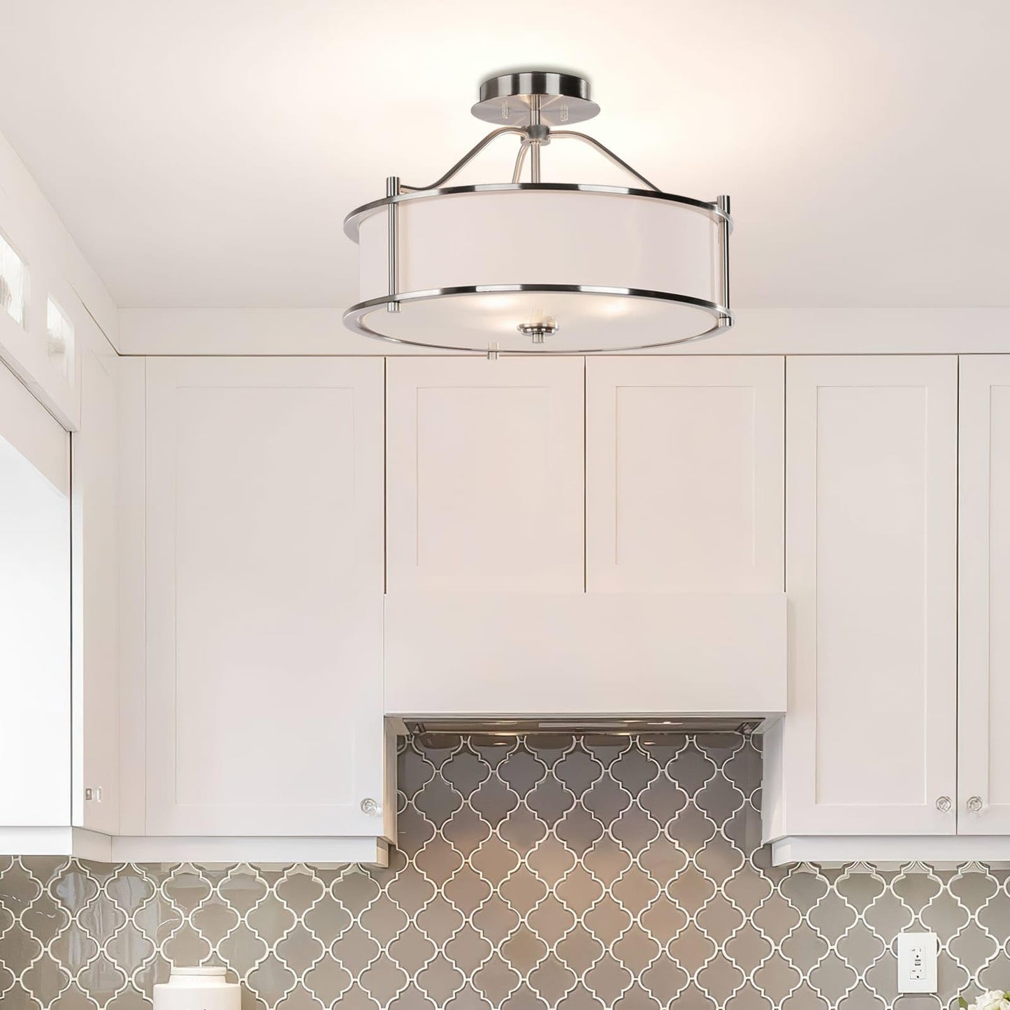 XiNBEi Lighting Semi Flush Mount Ceiling Light 18 inch 3 Light Close to Ceiling Light with Fabric Shade and Glass Diffuser, Brushed Nickel Drum Semi Flush Light for Dinning & Bedroom XB-SF1199-BN
