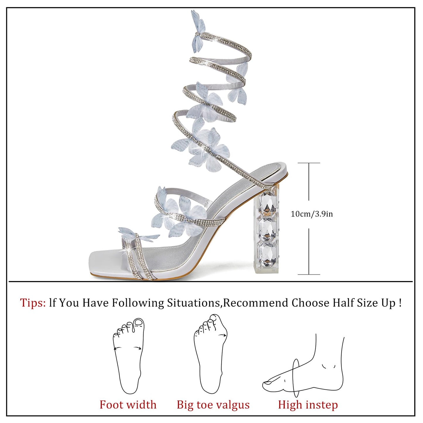 VOZTOLLS Women's Rhinestone Crystal Butterfly High Heels Stylish Open Square Toe Spiral Ankle Strap Dress Chunky Heeled Sandals For Wedding Party Banquet Silver Size 8