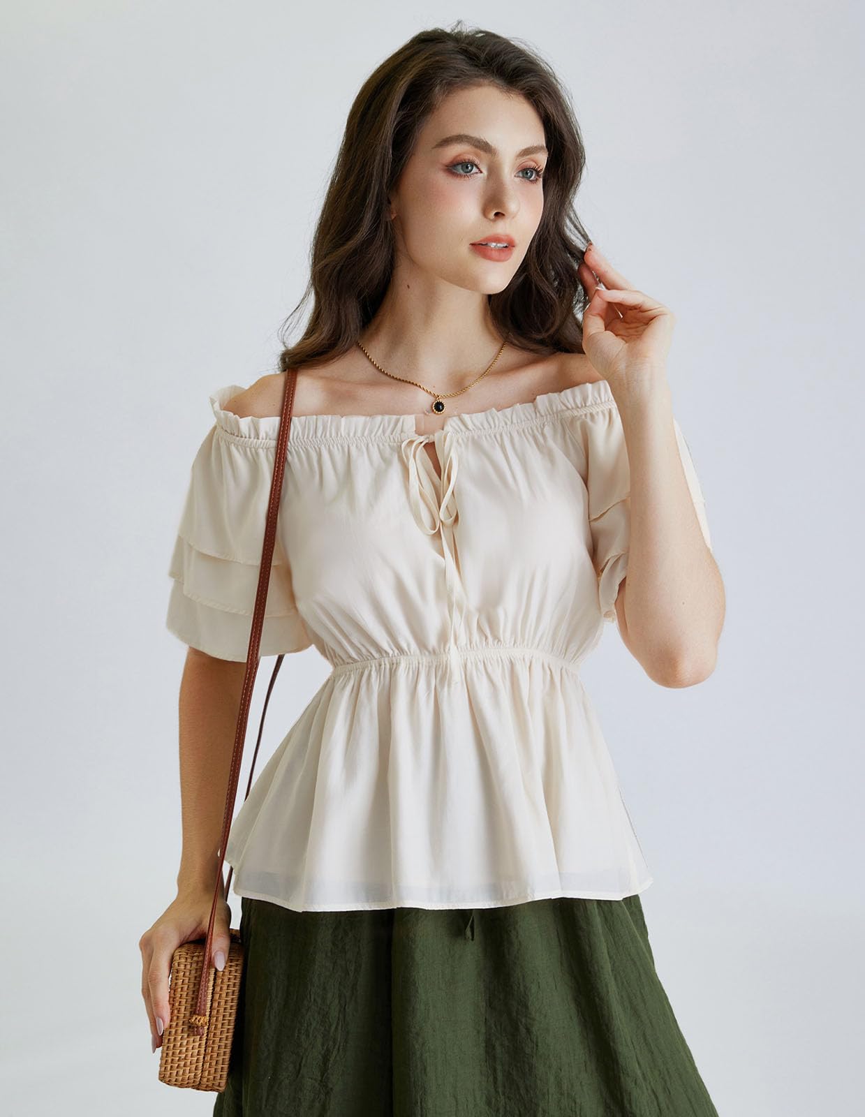 Women Renaissance Pirate Peasant Ruffled Shirt Blouse Holiday Tops Apricot M