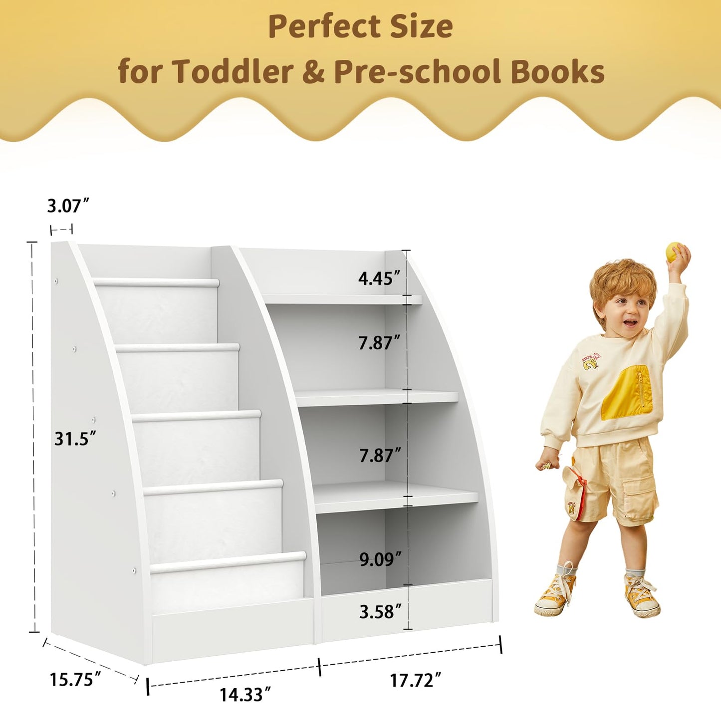 4 Tier Kids Bookshelf, 4 Layer Sling Kids Book Shelf for Kids Rooms,Wood Children Bookcase,Baby Storage Book Rack,Toddler Bookshelf, Book and Toy Organizer,Book Display Shelf for Bedroom, Nursery