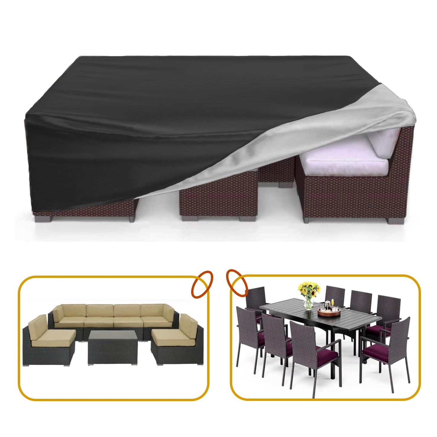 600D Heavy Duty Large Waterproof Table Cover -124" Patio Sofa Set Covers-Rectangular Patio Table Cover ,Dining Table Cover, Tea Table Cover Black