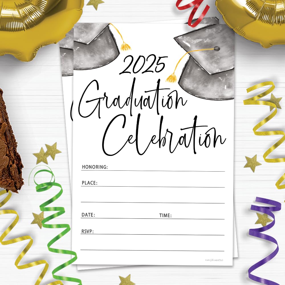 Watercolor Grad Caps 2025 Graduation Invitations With Envelopes - 20 Count Grad Party Invites