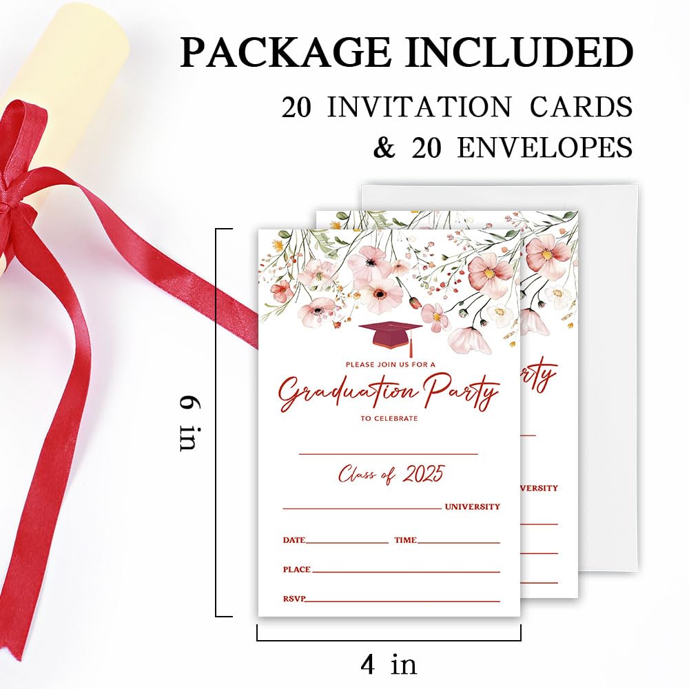 4"x6" Graduation Invitation - 20pcs Invites Card With Envelope - University, Master Graduation Fill-in Style Invitation Card - 2025 Floral Girls Graduation Party Invite Celebration Supplies - A06