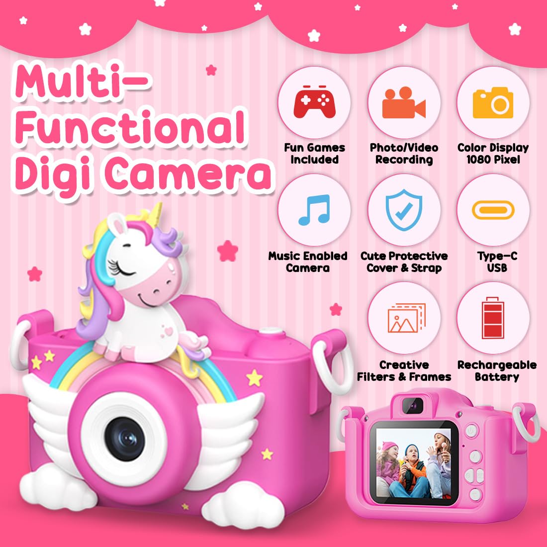 Wembley Kids Camera 3+ Year Old Girl Gift 32GB SD Card 1080P HD Video Adorable Selfie Unicorn Digital Toddler Camera for Kids Toys Boys Birthday Gift for 3-12 Years Old Girls - Pink