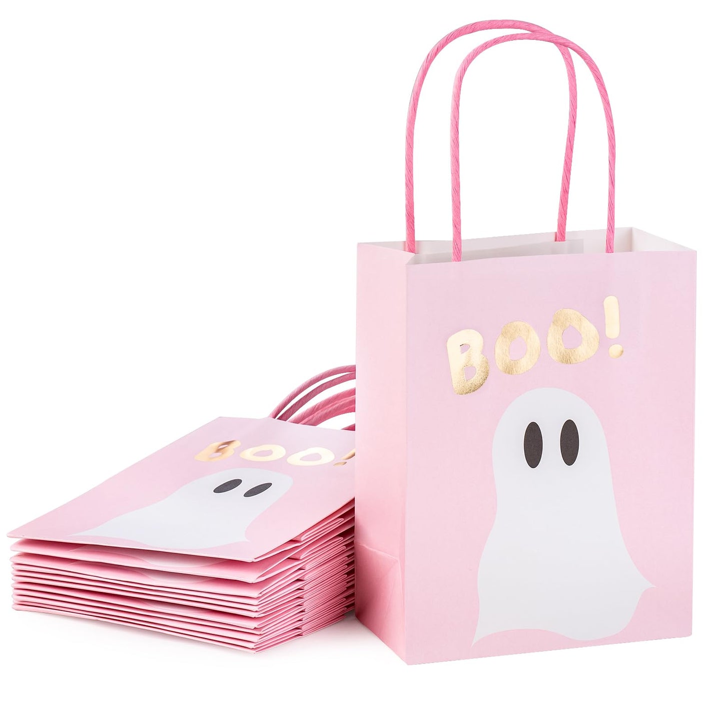 WRAPAHOLIC 12 Pack 7" Small Halloween Kraft Paper Gift Bags - Gold Foil Boo and Pink Ghost Gift Bag for Baby Shower, Holiday, Party Gift Wrap