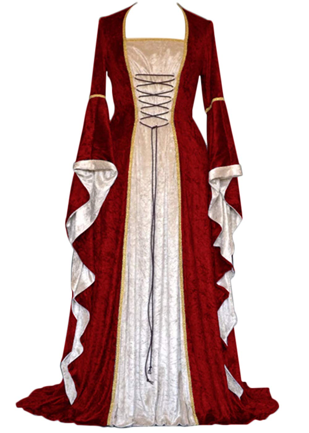 YEAXLUD Womens Renaissance Medieval Costume Dress Lace up Irish Over Long Dresses Cosplay Retro Gown S-5XL (M, Wine Red)