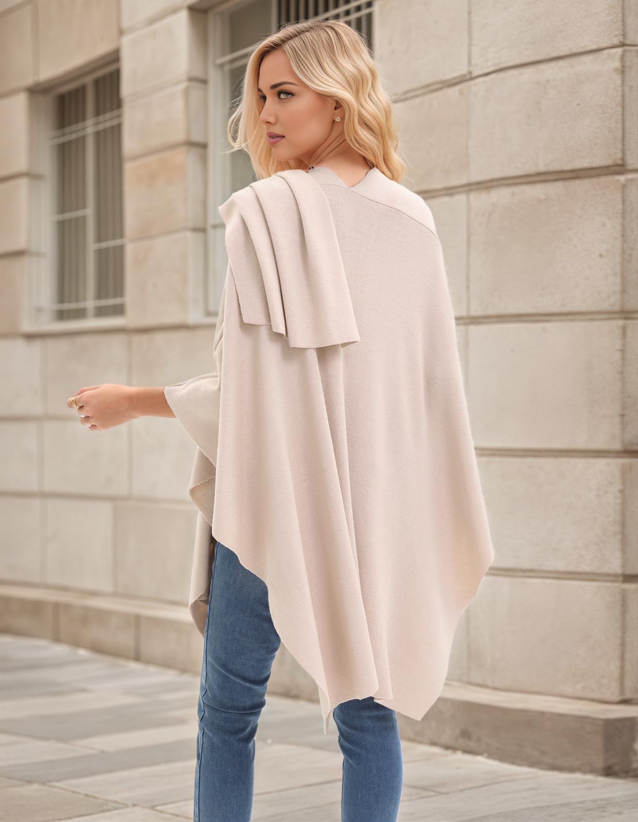 Womens Open Front Poncho Sweater Wrap Topper Knitted Elegant Shawls Cape for Spring Fall Winter,Series 1-Beige