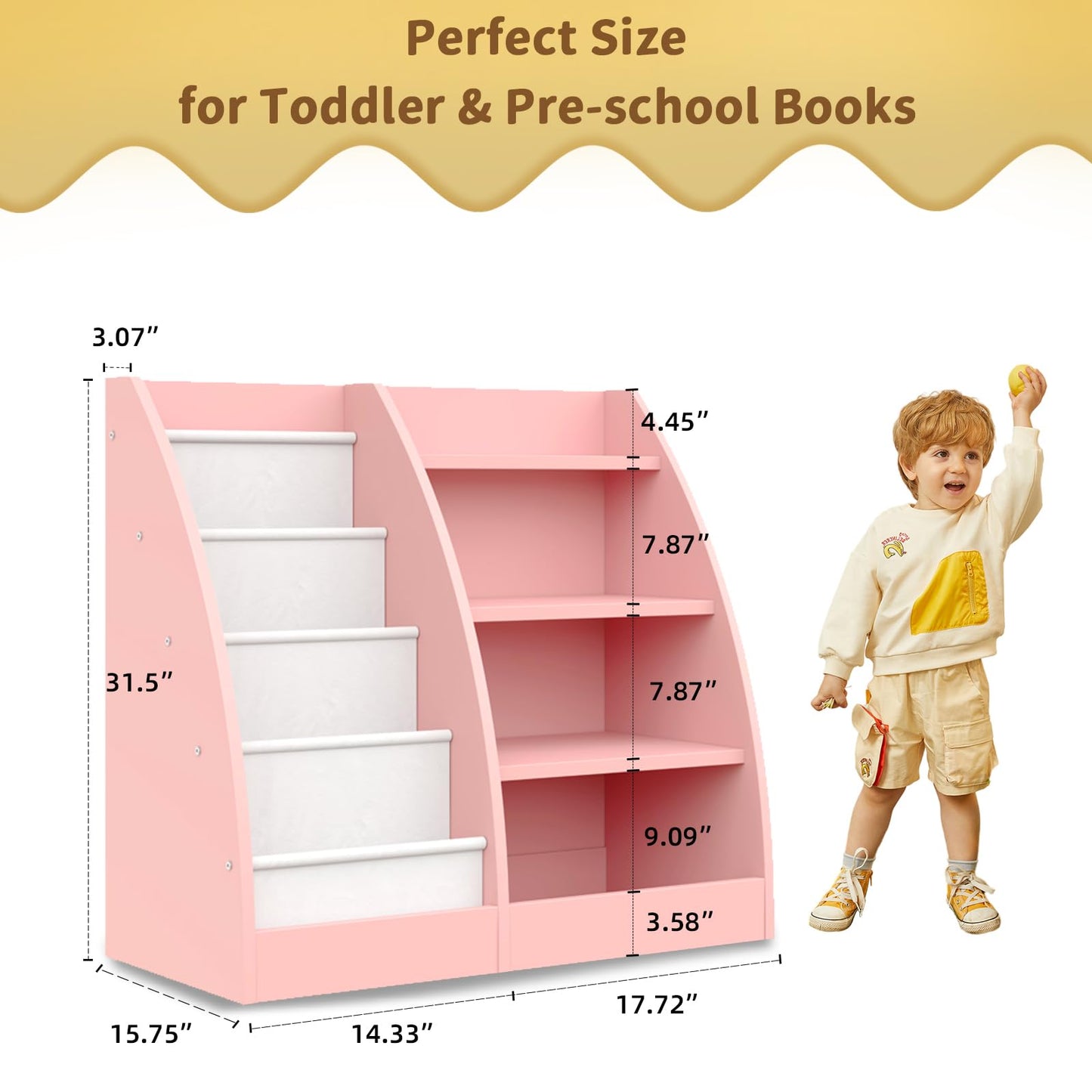 4 Tier Kids Bookshelf,4 Layer Sling Kids Book Shelf for Kids Rooms,Wood Children Bookcase,Baby Storage Book Rack,Toddler Bookshelf, Book and Toy Organizer,Book Display Shelf for Bedroom, Nursery