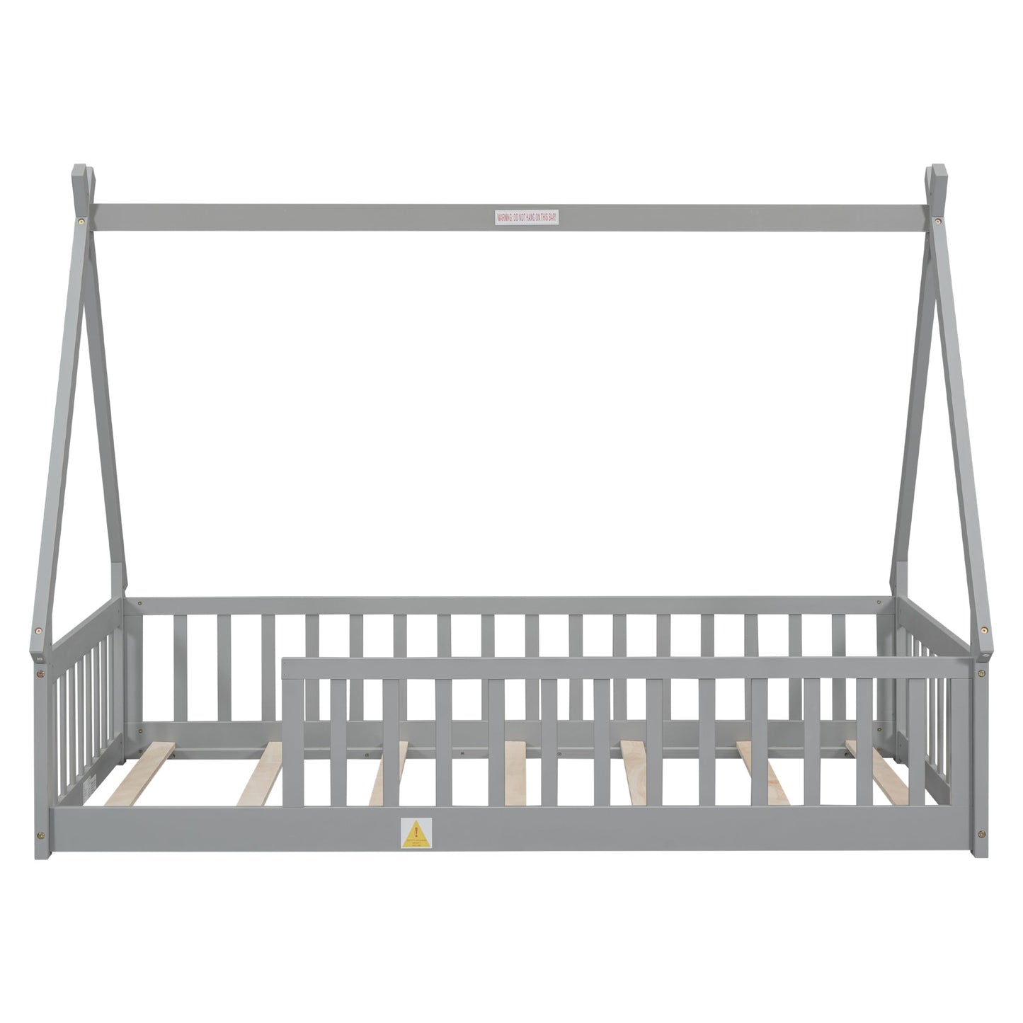 Wekuku Twin Tent Shaped Floor Bed for Kids – Teepee with Guardrails Slats, Grey – Low Profile Bed Frame for Bedroom, Playroom, Nursery