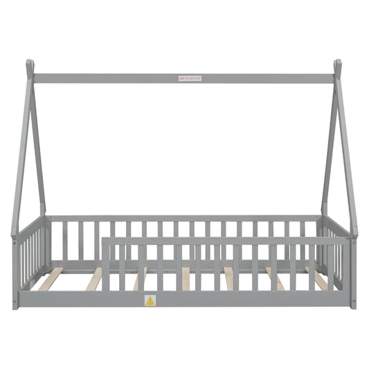 Wekuku Twin Tent Shaped Floor Bed for Kids – Teepee with Guardrails Slats, Grey – Low Profile Bed Frame for Bedroom, Playroom, Nursery