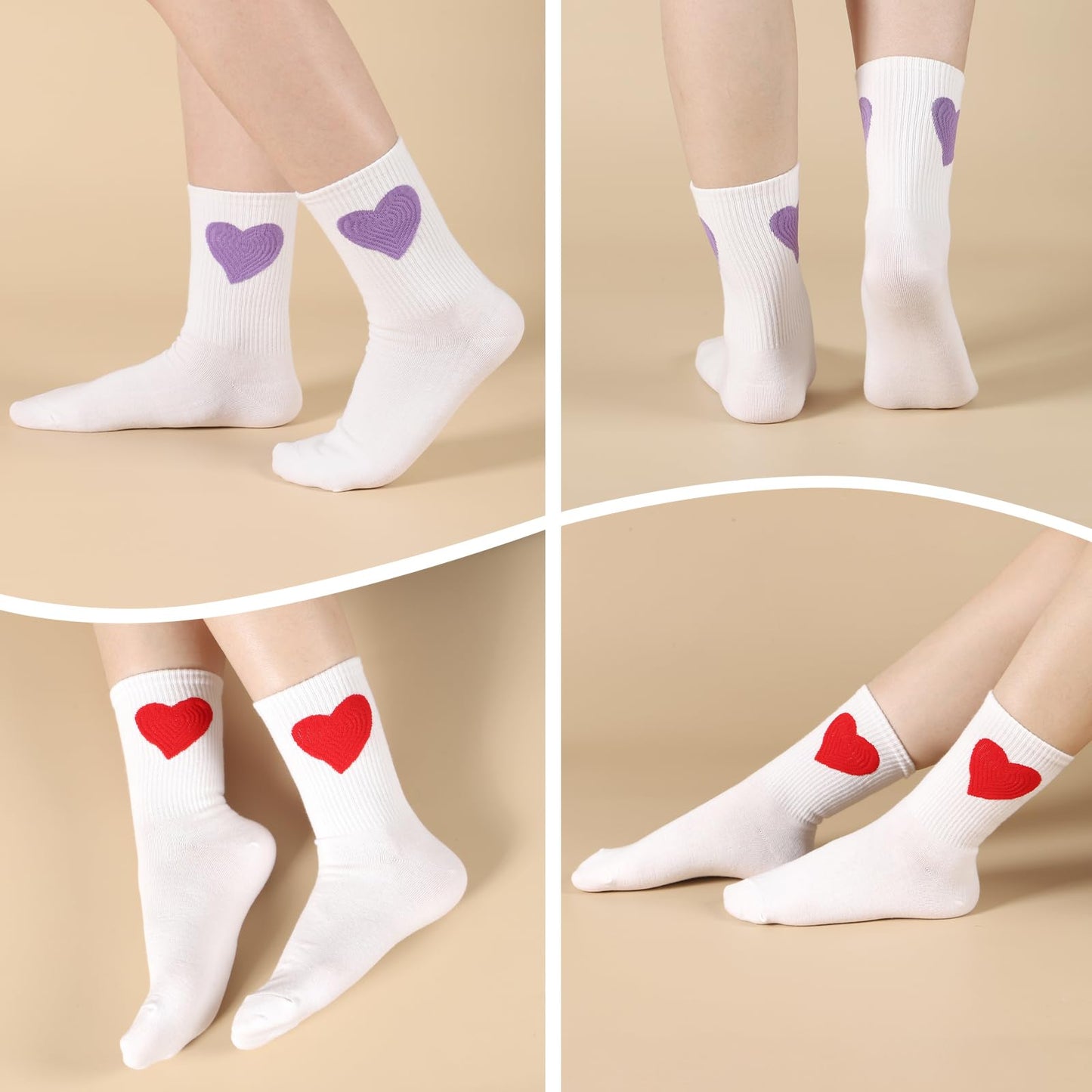 Worive 6 Pairs Women's Crew Socks Ankle High Cotton Funny Cute Heart Athletic Running Calf Gifts for Birthday Style 2 White