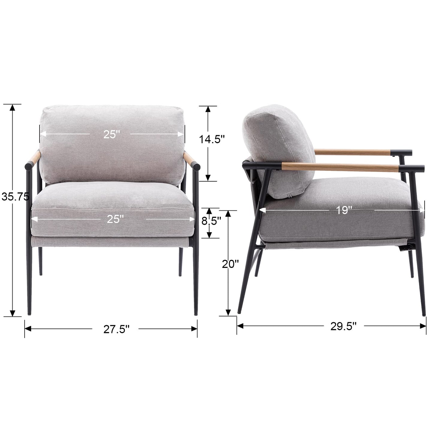 Ya-Home Mid-Century Accent Chair, Soft Armchair Chenille Fabric Lounge Chair with Black Metal Legs, Upholstered Leisure Chair for Living Room Bedroom Reception Room, 1PC, Grey