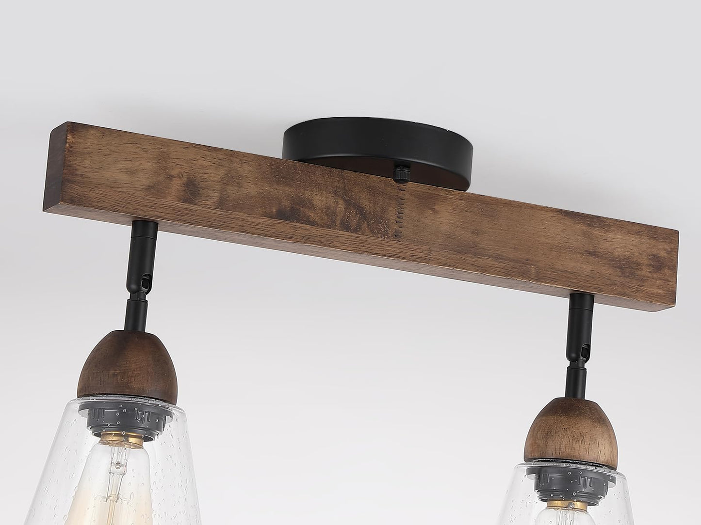 2-Light Rustic Farmhouse Glass Track Flush Mount Ceiling Light Fixture Mini Clear Seeded Glass Shade and Oak Wood Semi Flush Mount Ceiling Light for Kitchen Bedroom Hallway Entryway Sink