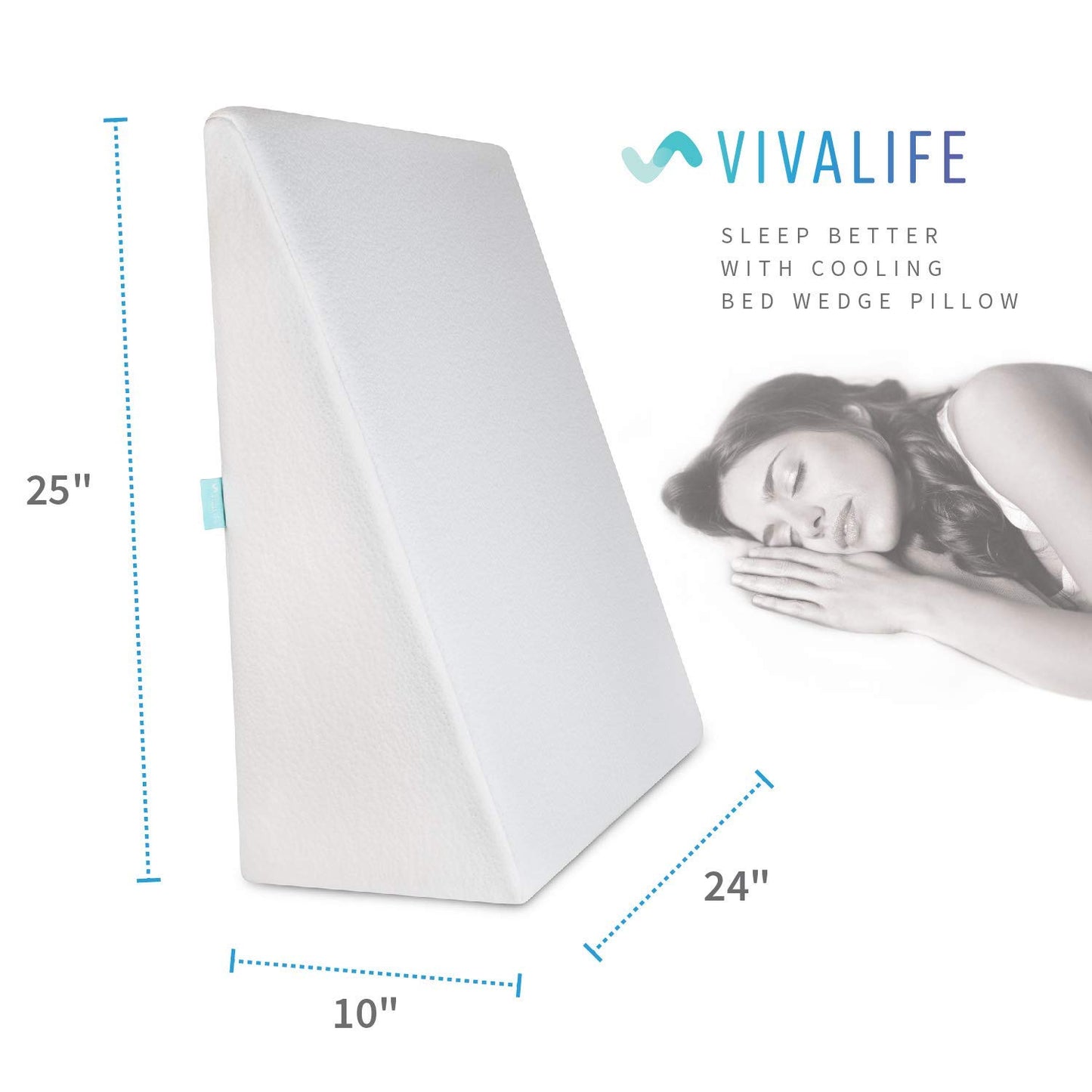 Vivalife Bed Wedge Pillow Gel Memory Foam Top - Cooling Elevated Support Cushion for Lower Back Pain, Acid Reflux, Heartburn, Allergies, Snoring - Ultra Soft Breathable Cover (10 Inch Wedge)