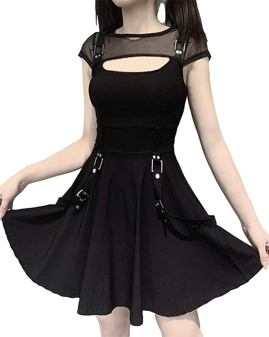 Women Gothic Dress Black mesh Summer Sexy Mini Dress Hipster Vintage high Waist Street Party Dress X-Large