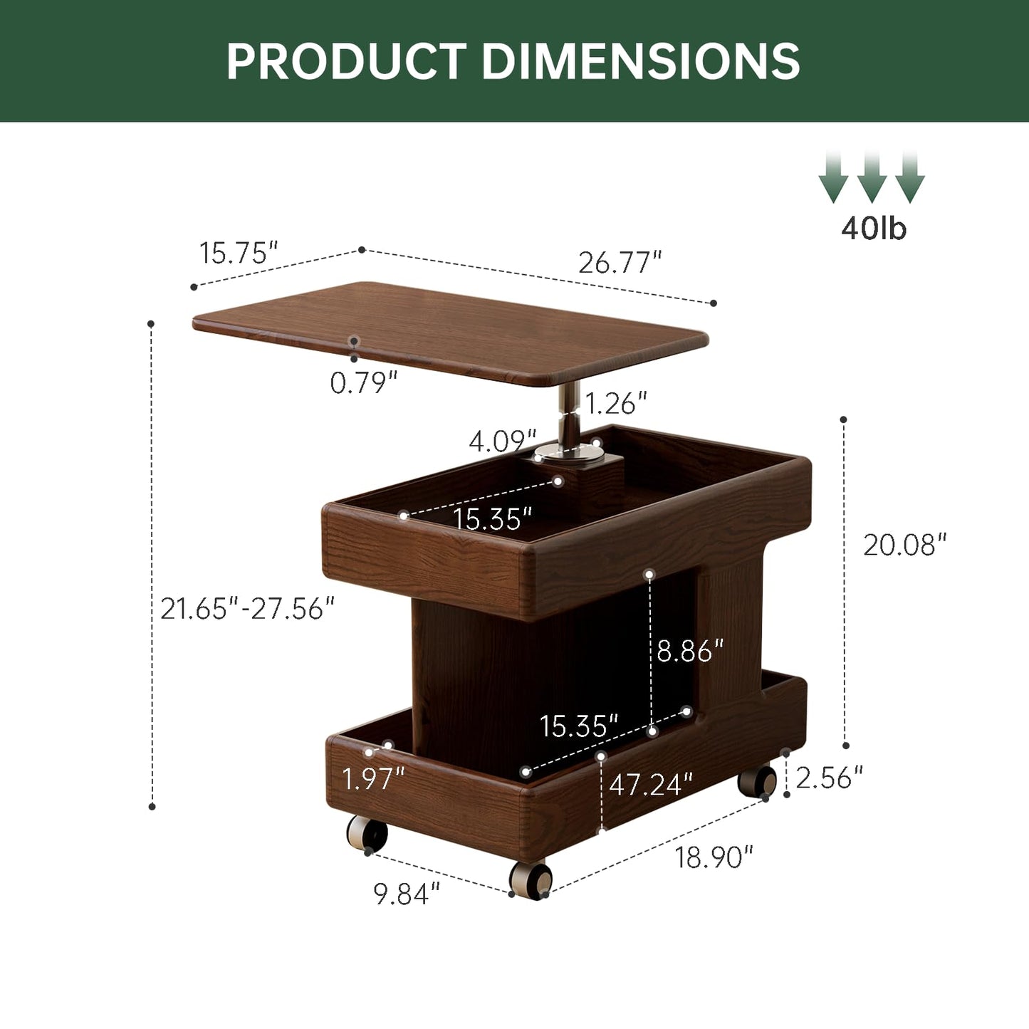 100% Solid Wood Lift Top Coffee Table with Storage, Small Bedside Table with Wheels and Rotating Desktop, Transform Coffee Table for Living Room, Recliner and Small Places(Walnut, No Need to Install)