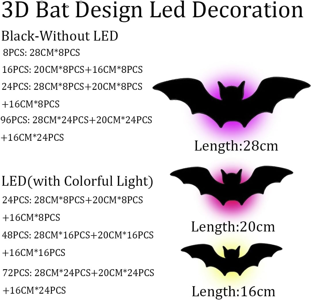 3D Bat Design Led Decoration, Halloween Bats Wall Decor, Hanging Bats Halloween Decor, Light-Up Wall/Window Clings–Flashing 3D Lighted Bat Sticky for Halloweens Indoor & Outdoor (24PCS-LED)