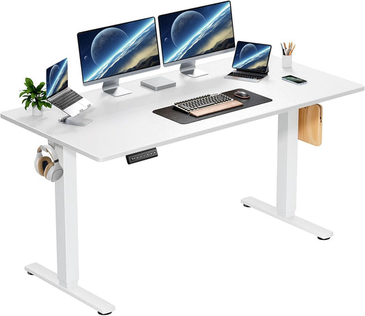 Whitmor Electric Standing Desk - 48 x 24 Inch Height Adjustable Computer Desk, Sit to Stand Home Office Table with Splice Board, 2 Hooks & Wire Hole, White