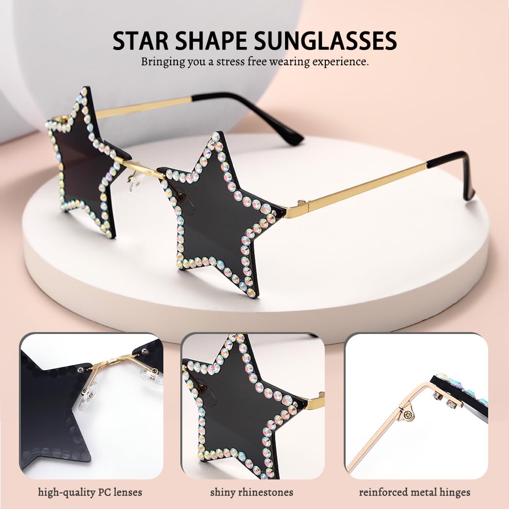 Woeoe Star Shape Sunglasses Rhinestone Rimless Sun Glasses for Women