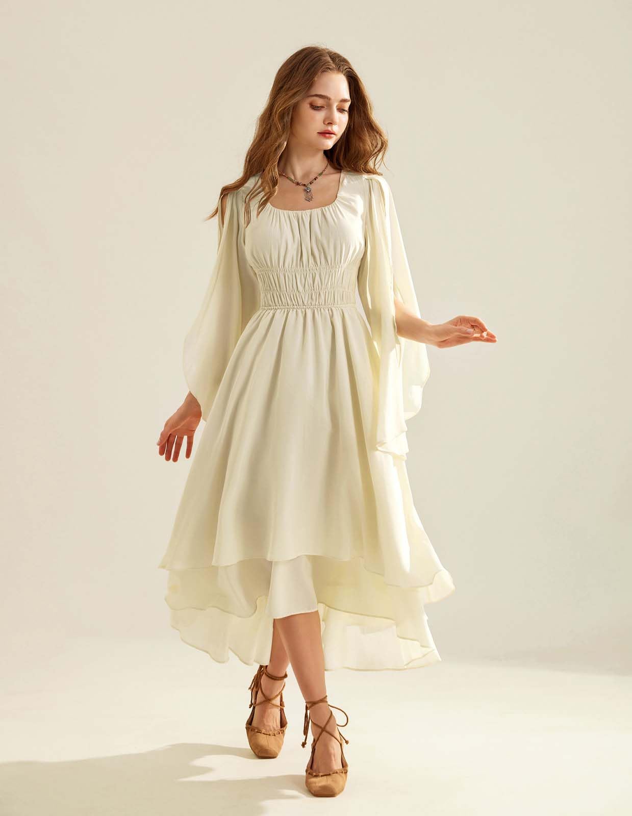Women Renaissance Costume Split Bell Sleeve Double Layered High Low Dress Apricot S