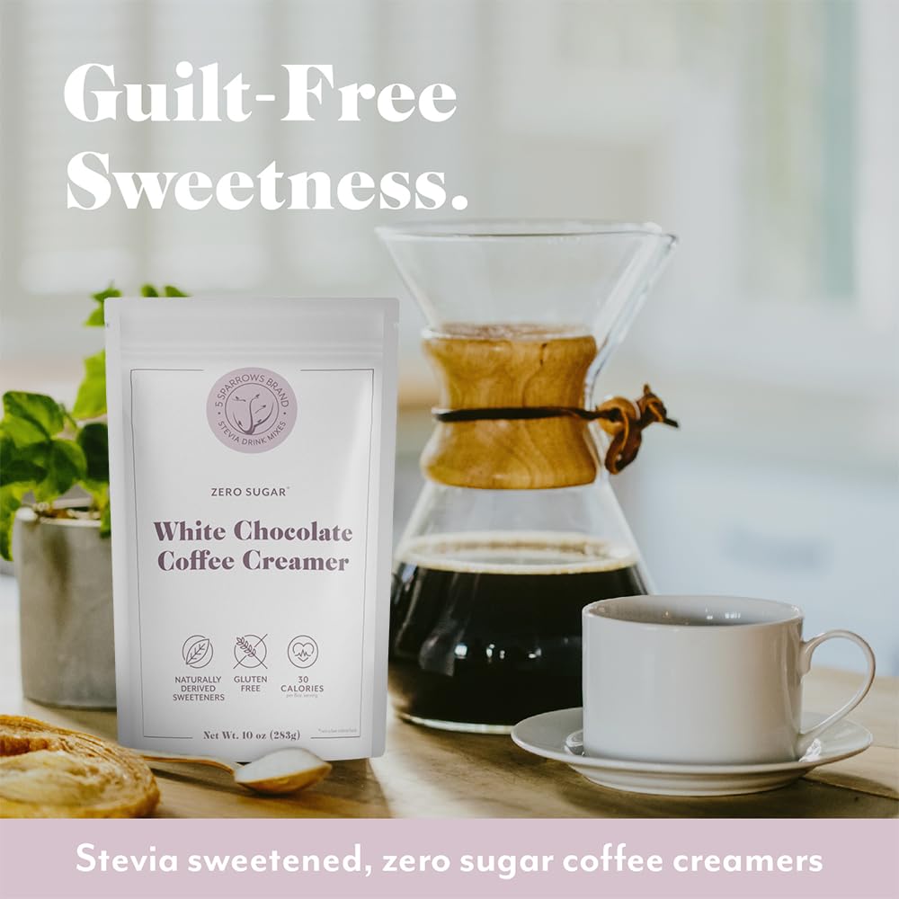 5 SPARROWS Sugar-Free White Chocolate Flavored Drink Mix- Stevia, Keto Friendly, Low FODMAP - No Sugar Coffee Creamer, 40 oz (2.5lb)