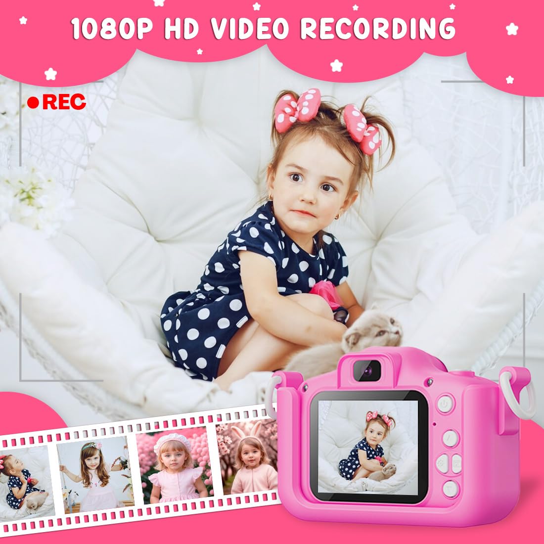 Wembley Kids Camera 3+ Year Old Girl Gift 32GB SD Card 1080P HD Video Adorable Selfie Unicorn Digital Toddler Camera for Kids Toys Boys Birthday Gift for 3-12 Years Old Girls - Pink