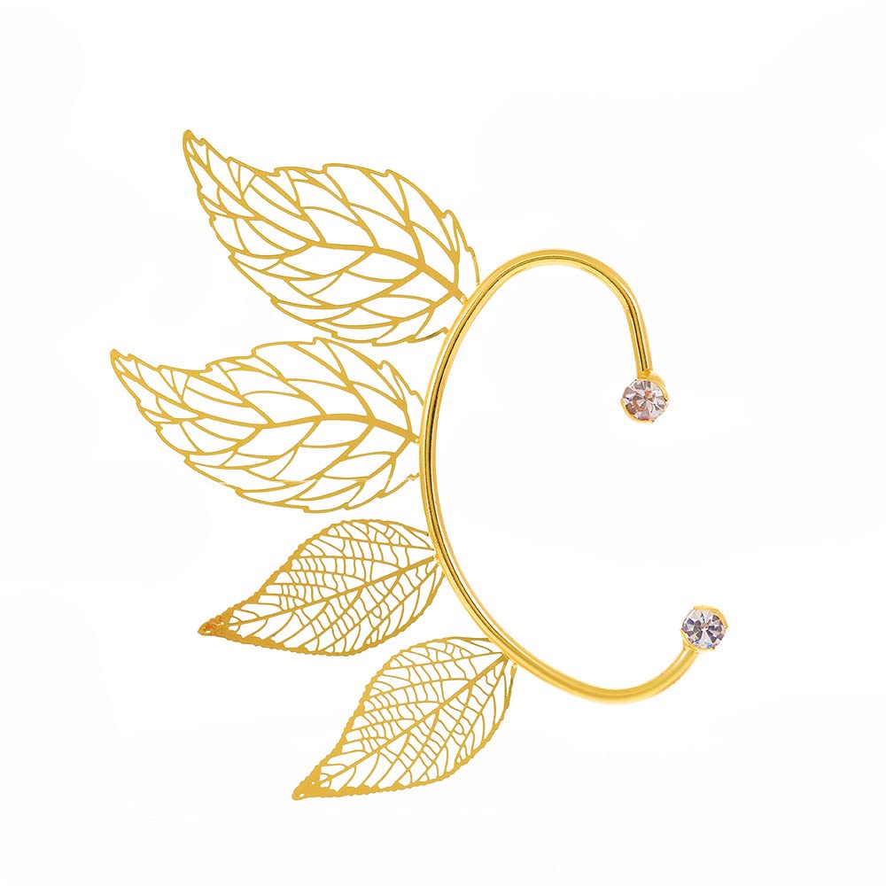 2Pcs Rhinestone Leaf Climbers Crawl Ear Clip Earrings Crystal Left Ear Cuff Wrap Clip Earring Jewelry for Women Party Accessories (Gold)