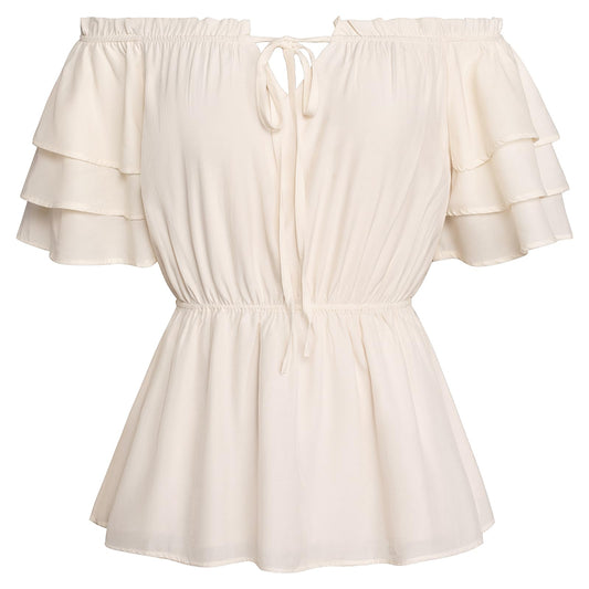 Women Renaissance Pirate Peasant Ruffled Shirt Blouse Holiday Tops Apricot M