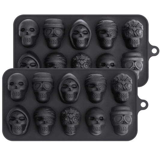 Webake Skull Chocolate Mold with 5 Different Shapes, Silicone Skeleton Mold for Halloween Chocolate, Candy, Jello, Ice, Cube, Treats, Pack of 2
