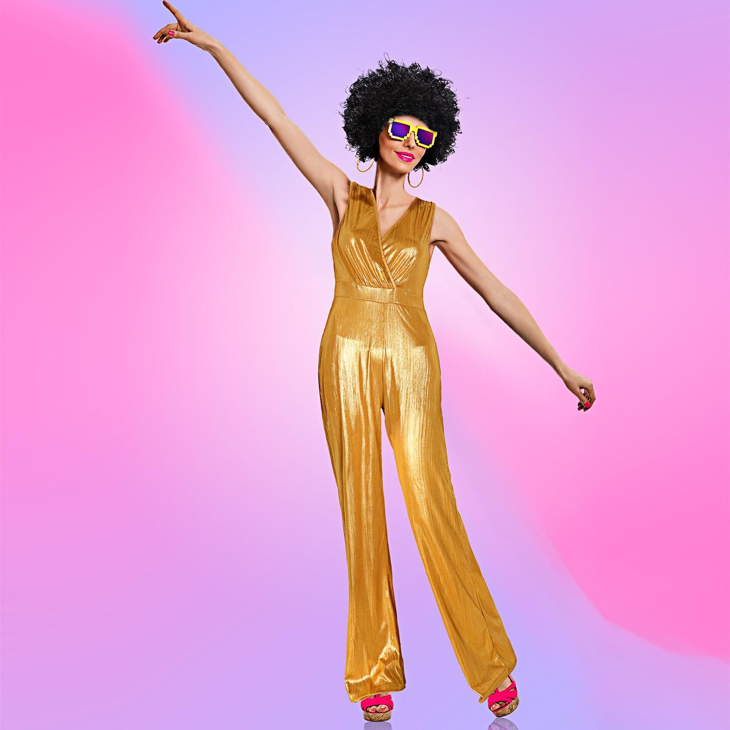 Yahenda 3Pcs Women Disco Doll Costume 70'S Gold Jumpsuit Outfit with Short Curly Wigs, Large Hoop Earrings for Halloween (Large)