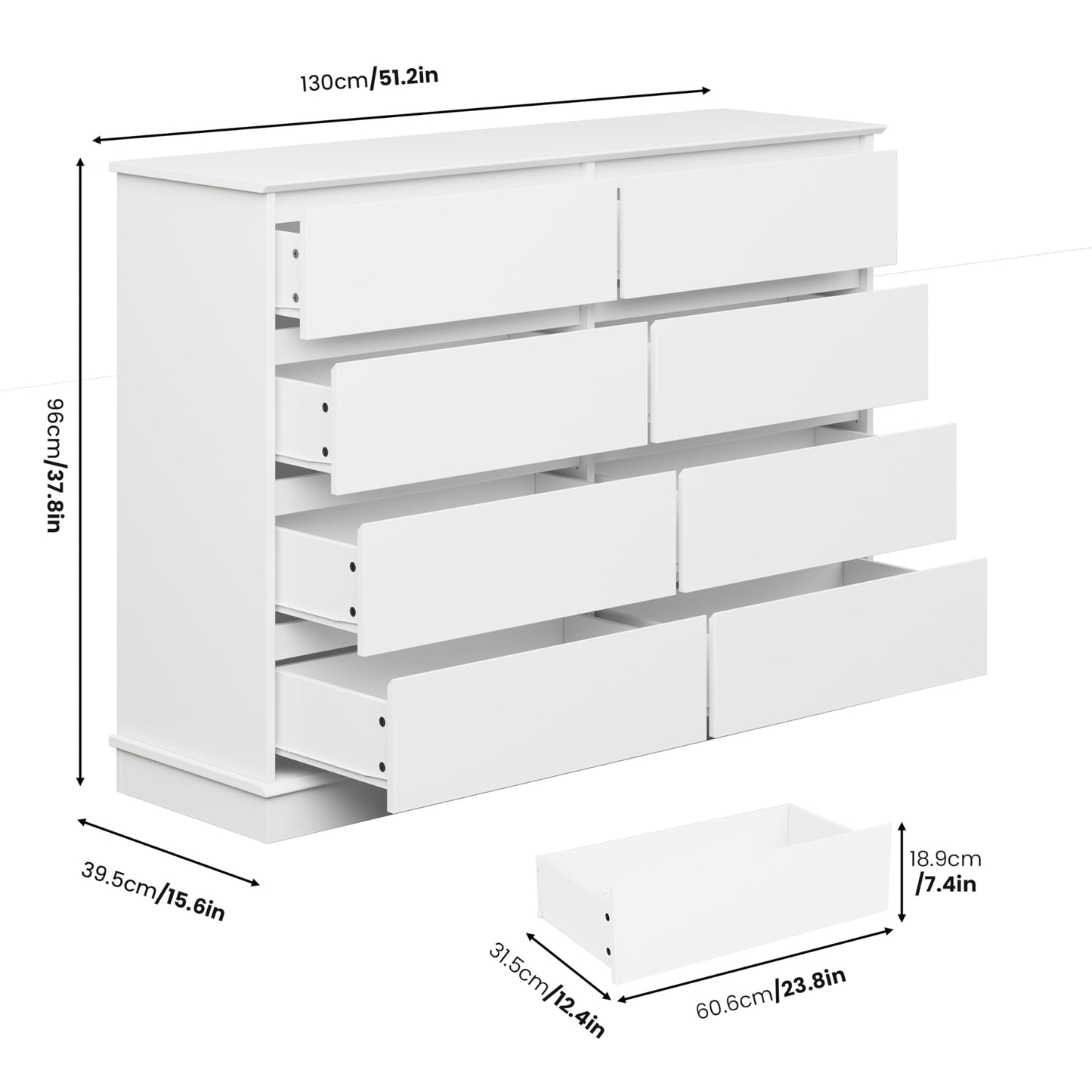 White 8 Drawer Dressers for Bedroom, Chest of Drawers with Deep Drawers, Large Double Dresser for Closet with Wide Top, Horizontal Wooden Dresser for Living Room, Hallway, Kids Room