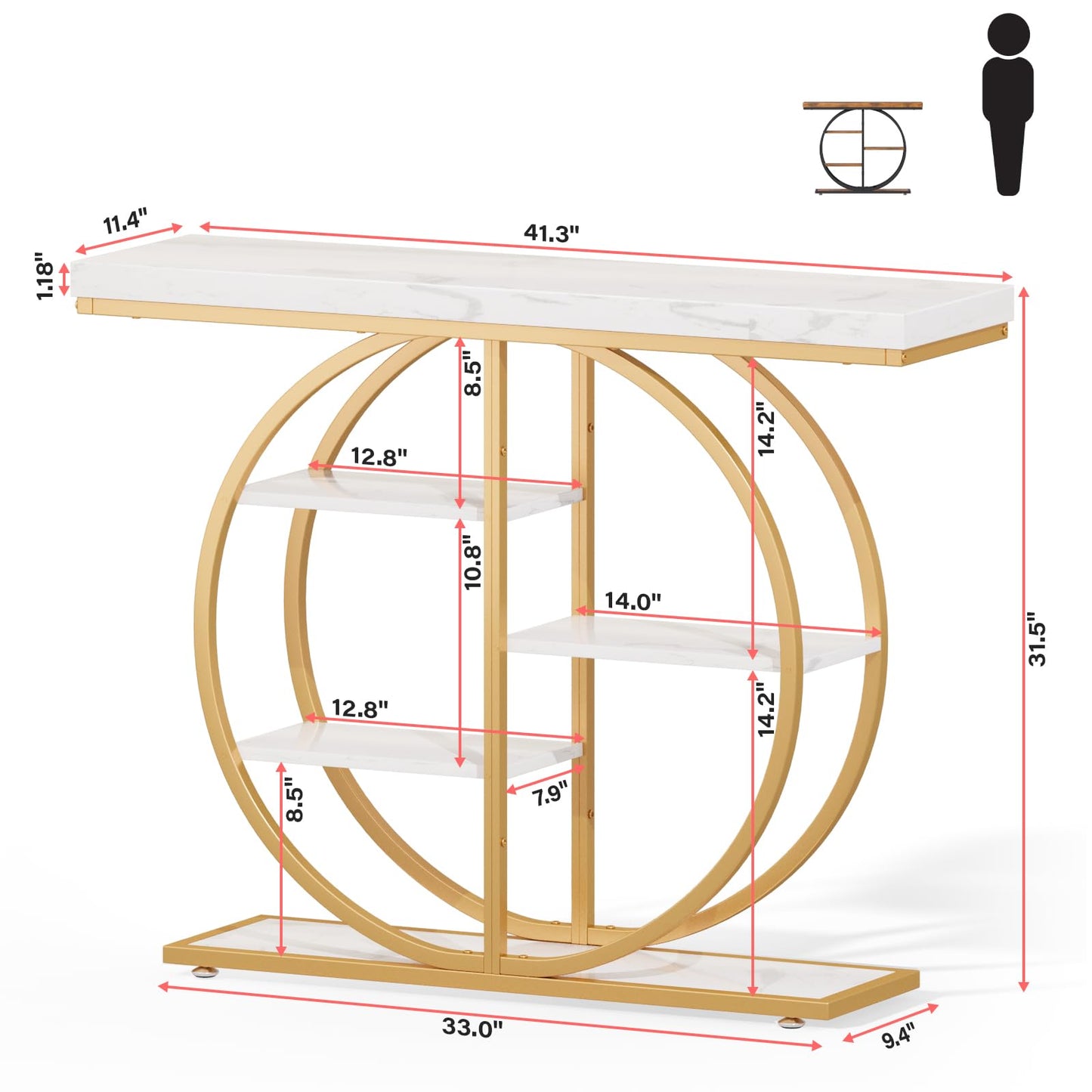 41.3" Console Table for Entryway, Industrial Hallway Sofa Table with Storage Shelves, Narrow Accent Decor Living Room Furniture with Circle Base for Foyer, Entrance, White Gold